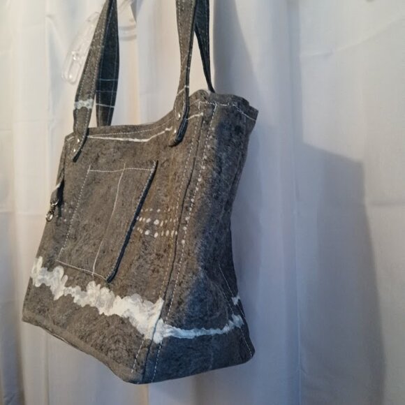 New Abstract Clouds Shoulder Bag Purse Black Gray canvas Double handle Stachel - Picture 2 of 9